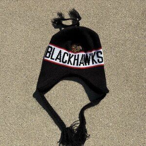 Chicago Blackhawks NHL All Guts No Glory Black Tassle Pom Pom Braided Winter Hat